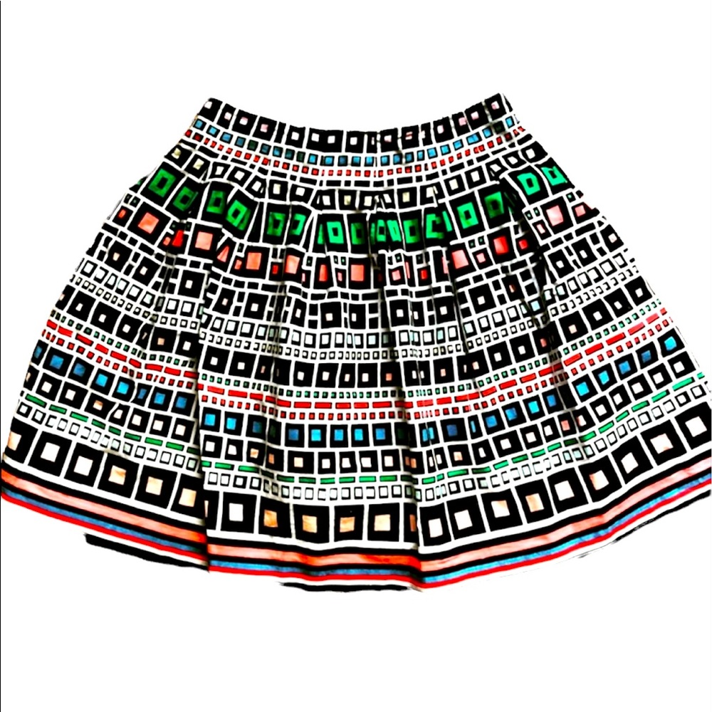 French Connection Black and White Circle Skirt with Multicolor Squares
